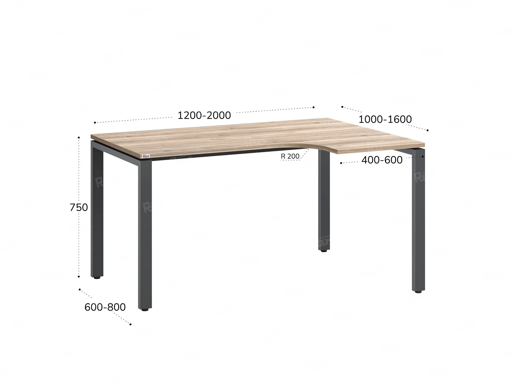 Стол угловой, П-опора, правый 1600x900/1200x750, RM052-16x9-12 Дуб Маувелла/Серый