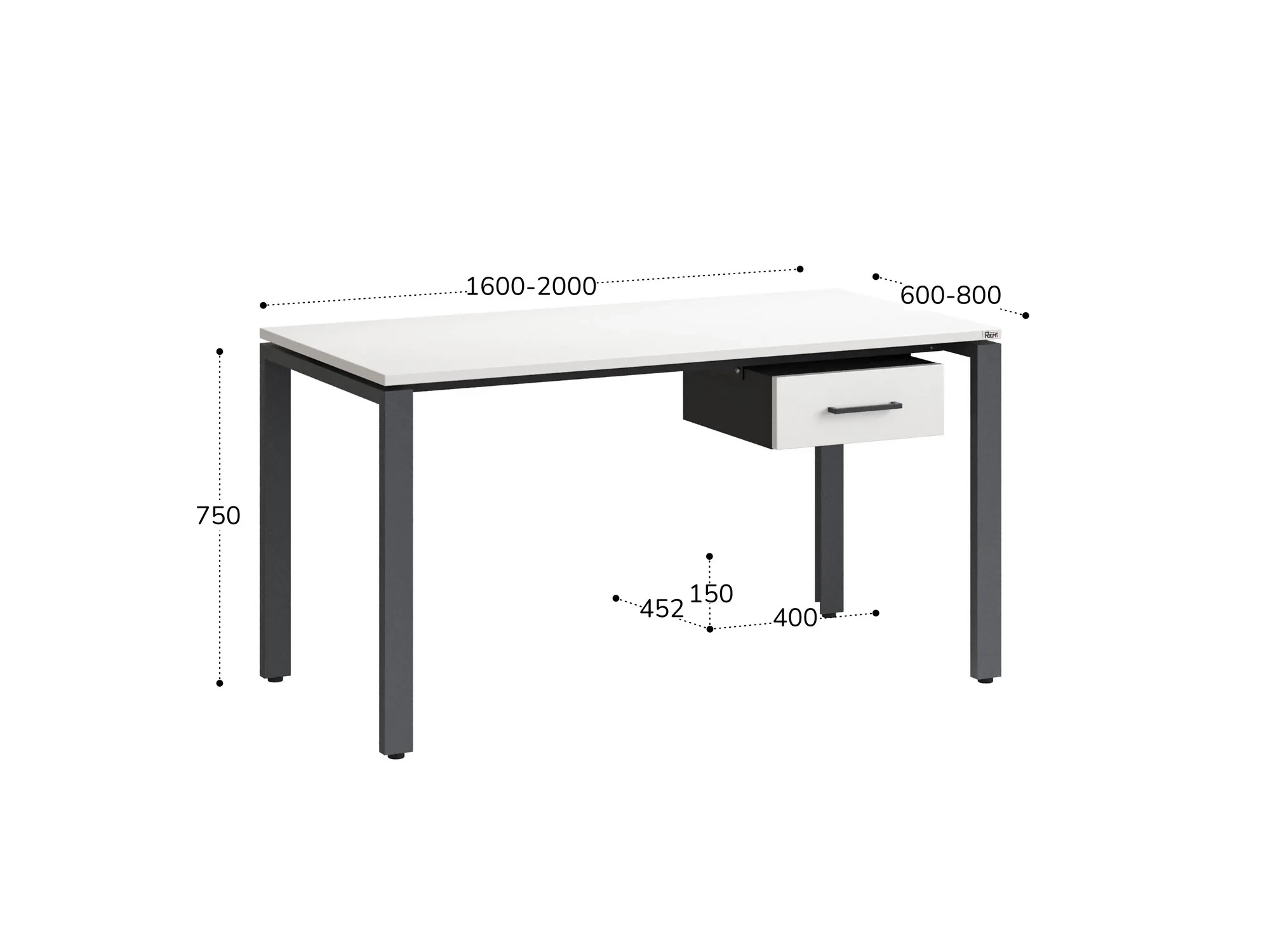 Стол прямой с подвесной тумбой, П-опора 1600x800x750 RM038-16x8 Белый/Серый