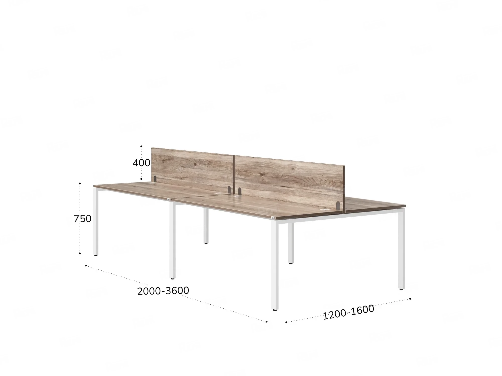 Бенч-система, 4 рабочих места, на П-образных опорах, 2 ЛДСП экранов 2800x1400x750 RM166-4-14x14 Дуб Маувелла/Белый