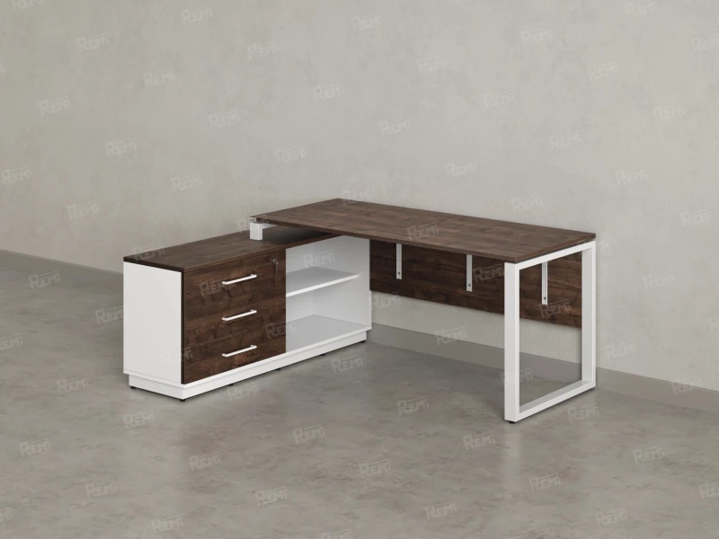 Стол прямой с тумбой L, ЛДСП экран, О-опора 1800x1400x750 RM013L-18x7 Дуб Апрельский шоколад/Белый