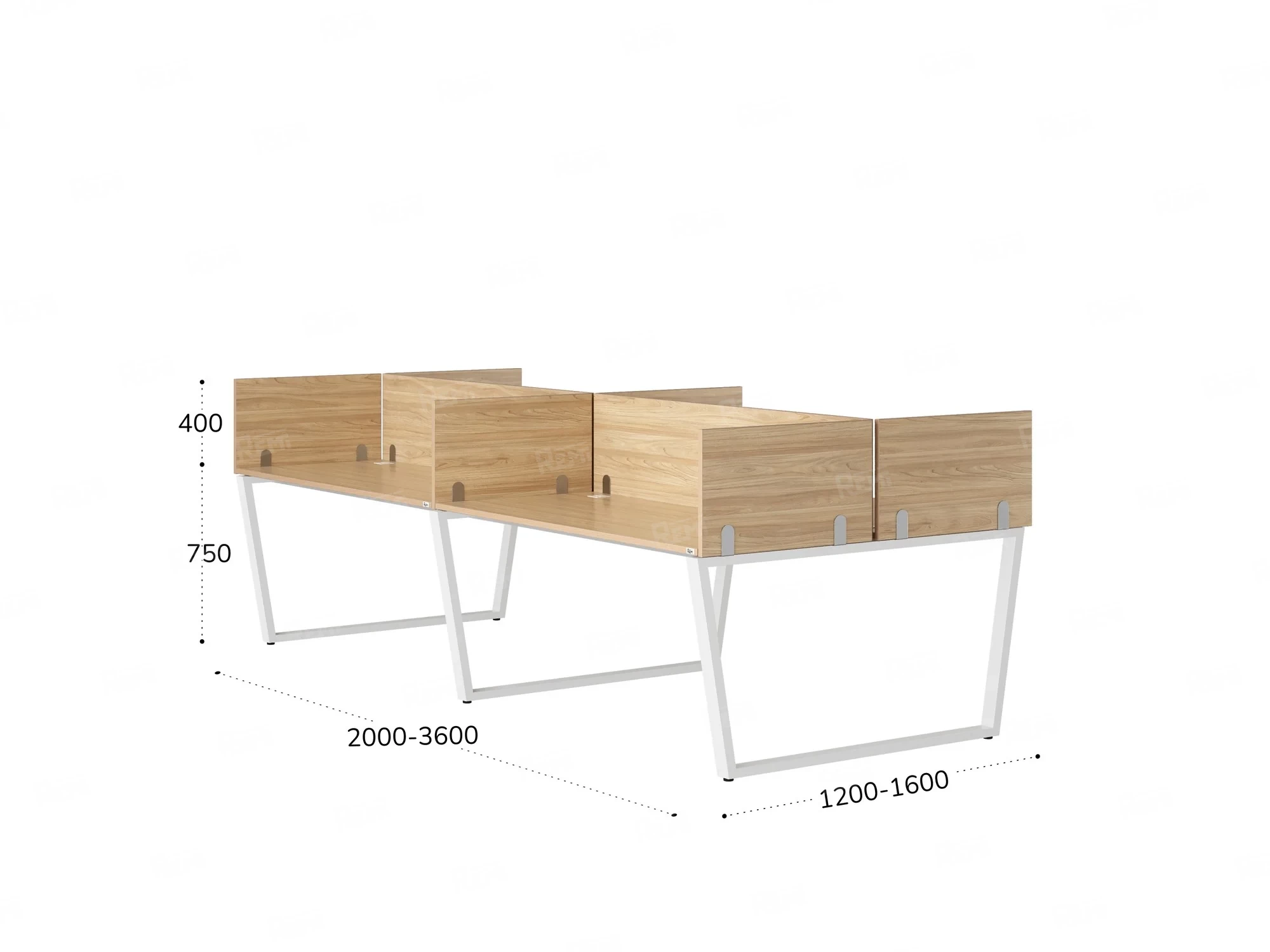 Бенч-система, 4 рабочих места, на U-образных опорах, 8 ЛДСП экранов 2400x1400x750 RM173-2-12x14 Вяз Швейцарский светлый/Белый