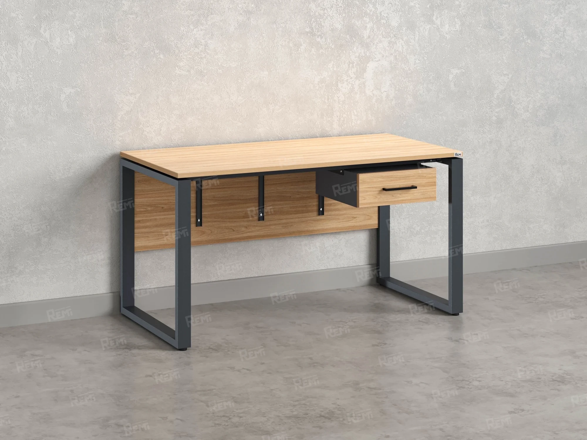 Стол прямой, подвесная тумба, ЛДСП экран, О-опора 1800x600x750 RM032-18x6 Вяз Швейцарский светлый/Серый