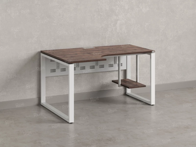 Стол угловой, экран металл, О-опора, левый 1400x800/1000x750, RM056-14x8-10 Дуб Апрельский шоколад/Белый