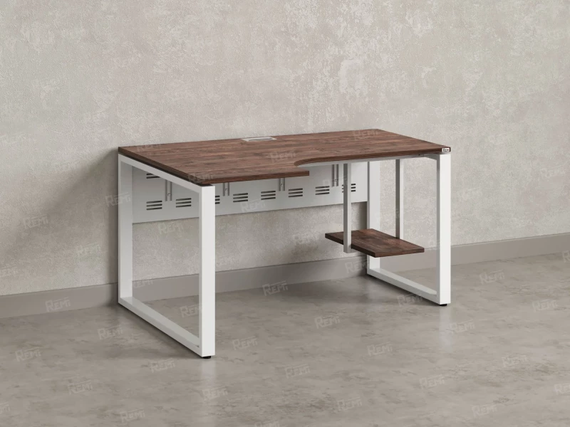 Стол угловой, экран металл, О-опора, левый 1400x800/1000x750, RM056-14x8-10 Дуб Апрельский шоколад/Белый