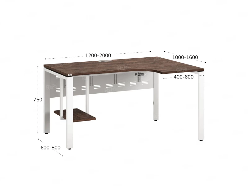 Стол угловой, экран металл, П-опора, правый 1600x800/1000x750, RM058-16x8-10 Дуб Апрельский шоколад/Белый
