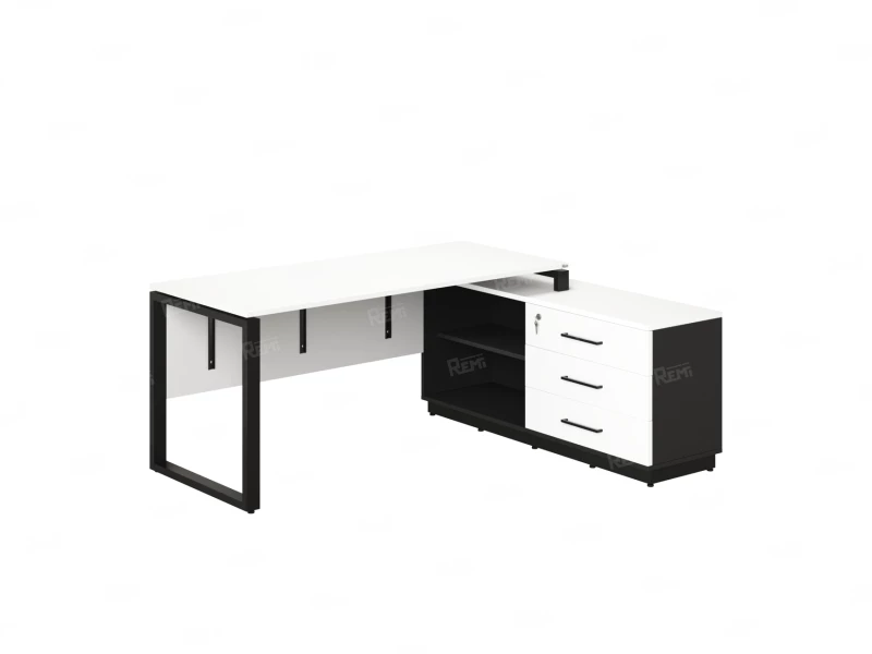 Стол прямой с тумбой R, ЛДСП экран, О-опора 1800x1400x750 RM012R-18x6 Белый/Черный