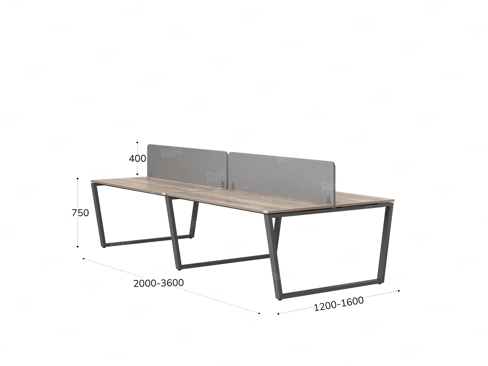 Бенч-система, 4 рабочих места, на U-образных опорах, 2 тканевых экранов 2000x1600x750 RM173-3-10x16 Дуб Маувелла/Серый