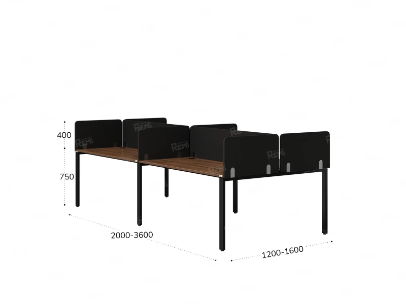 Бенч-система, 4 рабочих места, на П-образных опорах, 8 тканевых экранов 3200x1400x750 RM166-1-16x14 Дуб Юстус/Черный