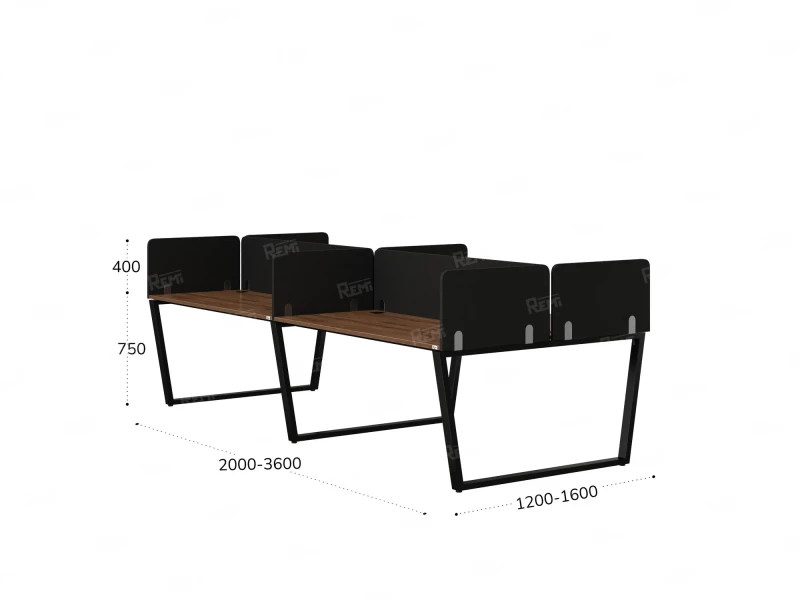 Бенч-система, 4 рабочих места, на U-образных опорах, 8 тканевых экранов 2400x1600x750 RM173-1-12x16 Дуб Юстус/Черный