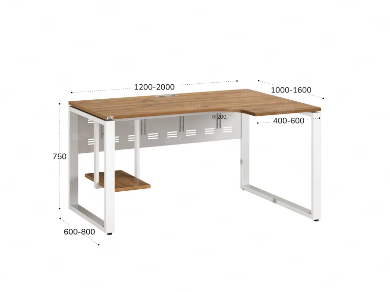 Стол угловой, экран металл, О-опора, правый 1400x900/1200x750, RM057-14x9-12 Дуб Юстус/Белый