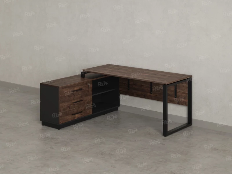 Стол прямой с тумбой L, ЛДСП экран, О-опора 1800x1400x750 RM013L-18x7 Дуб Апрельский шоколад/Черный