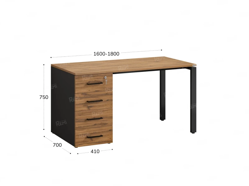 Стол прямой с тумбой на П-образных опоре, левый 1800x700x750 RM102-18x7 Юстус/Черный