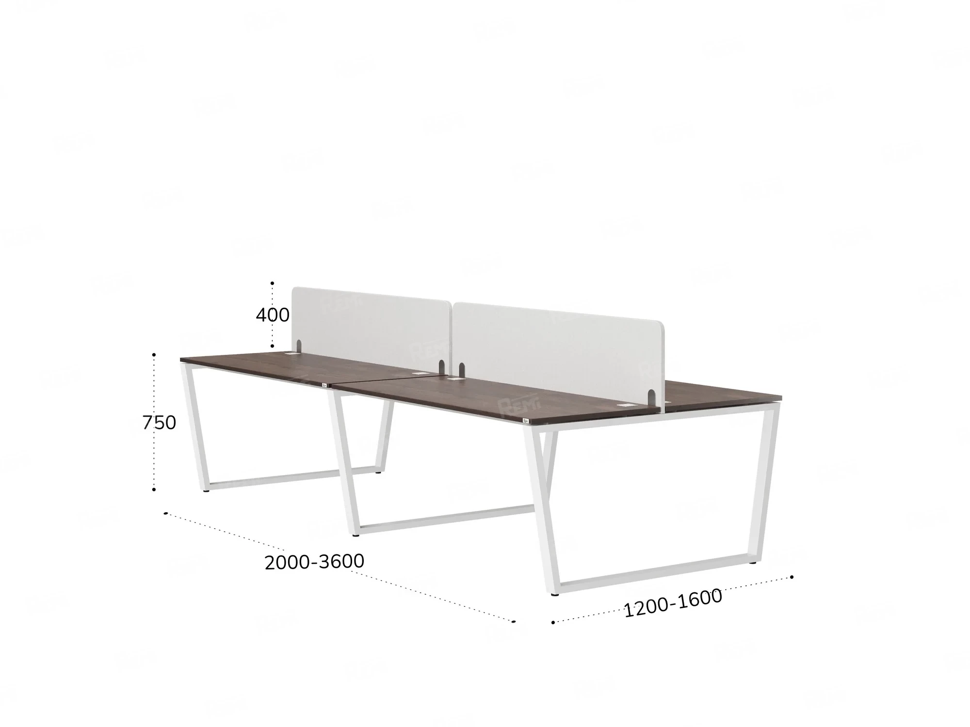 Бенч-система, 4 рабочих места, на U-образных опорах, 2 тканевых экранов 3200x1200x750 RM173-3-16x12 Дуб Апрельский шоколад/Белый
