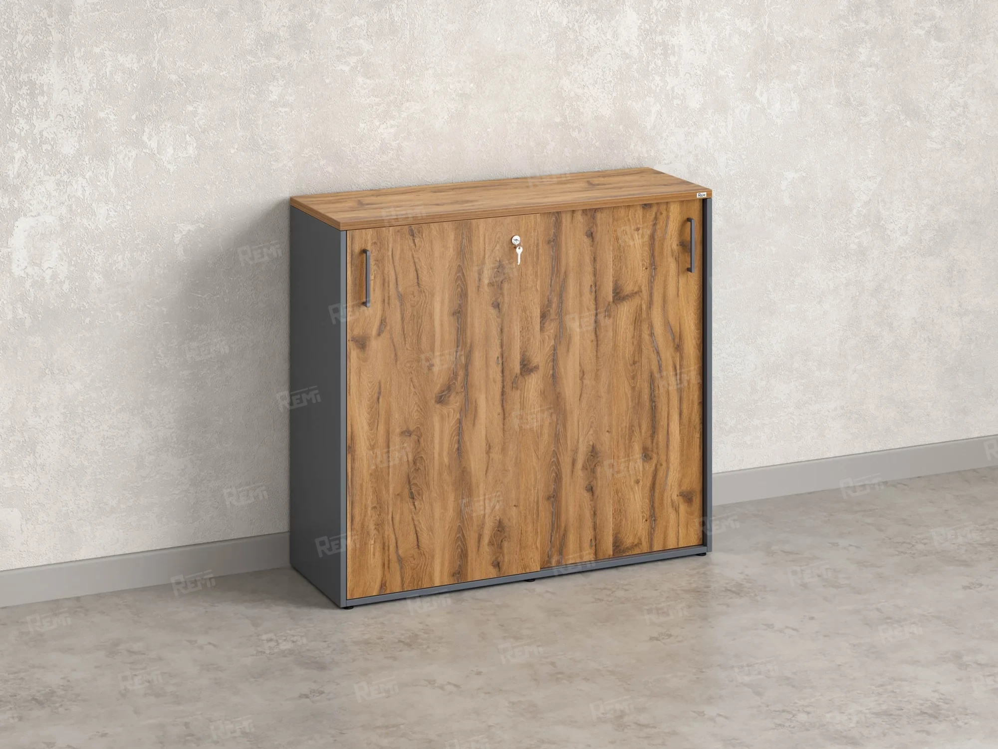 Низкий шкаф-купе, 3 полки, на регулируемых опорах 1200x420x1100 RM129-120x42 Дуб Юстус/Серый