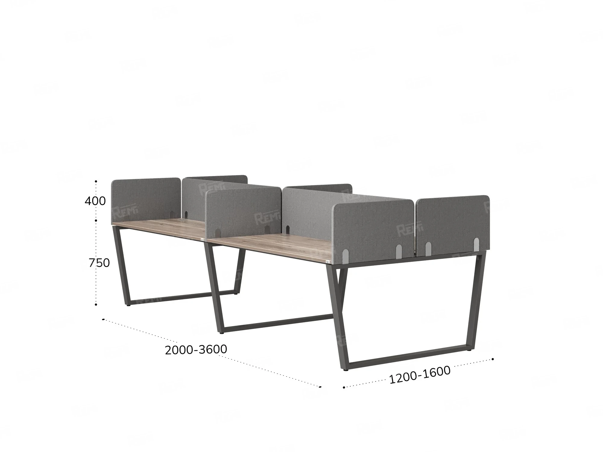 Бенч-система, 4 рабочих места, на U-образных опорах, 8 тканевых экранов 3600x1200x750 RM173-1-18x12 Дуб Маувелла/Серый