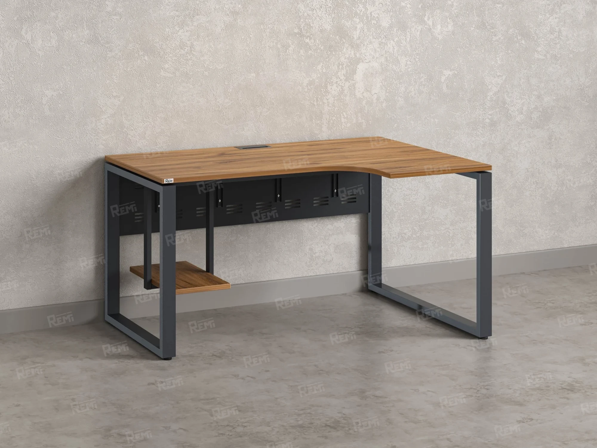 Стол угловой, экран металл, О-опора, правый 1400x900/1200x750, RM057-14x9-12 Дуб Юстус/Серый