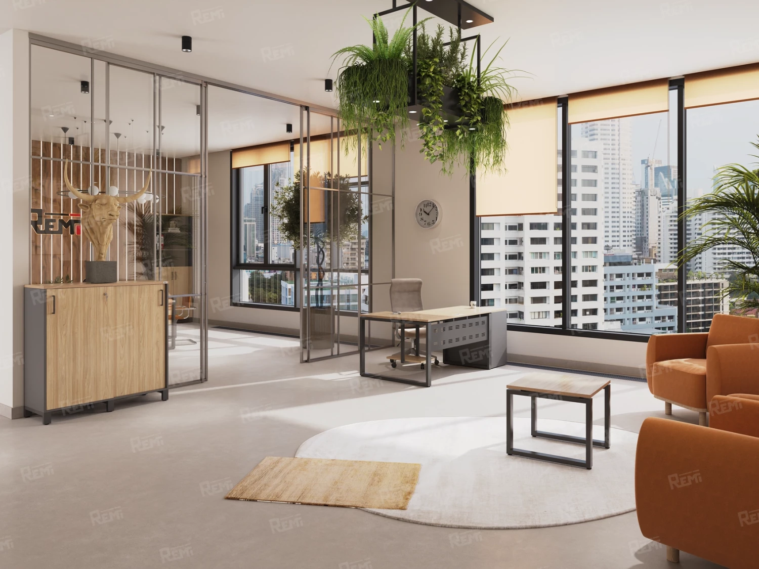 Стол прямой, подвесная тумба, ЛДСП экран, П-опора 1600x800x750 RM030-16x8 Вяз Швейцарский светлый/Серый