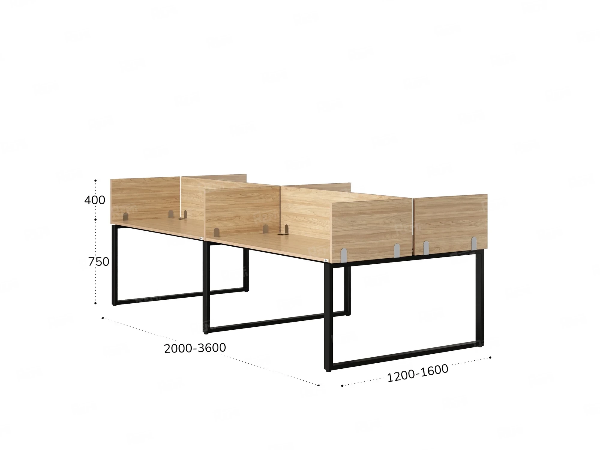 Бенч-система, 4 рабочих места, на О-образных опорах, 8 ЛДСП экранов 3600x1600x750 RM170-1-18x16 Вяз Швейцарский светлый/Черный