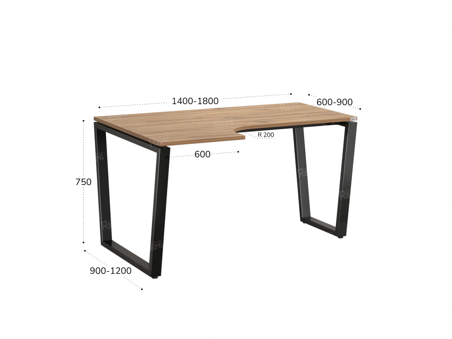 Стол угловой, U-опора, левый 1600x900/1200x750, RM051-16x9-12 Дуб Юстус/Черный