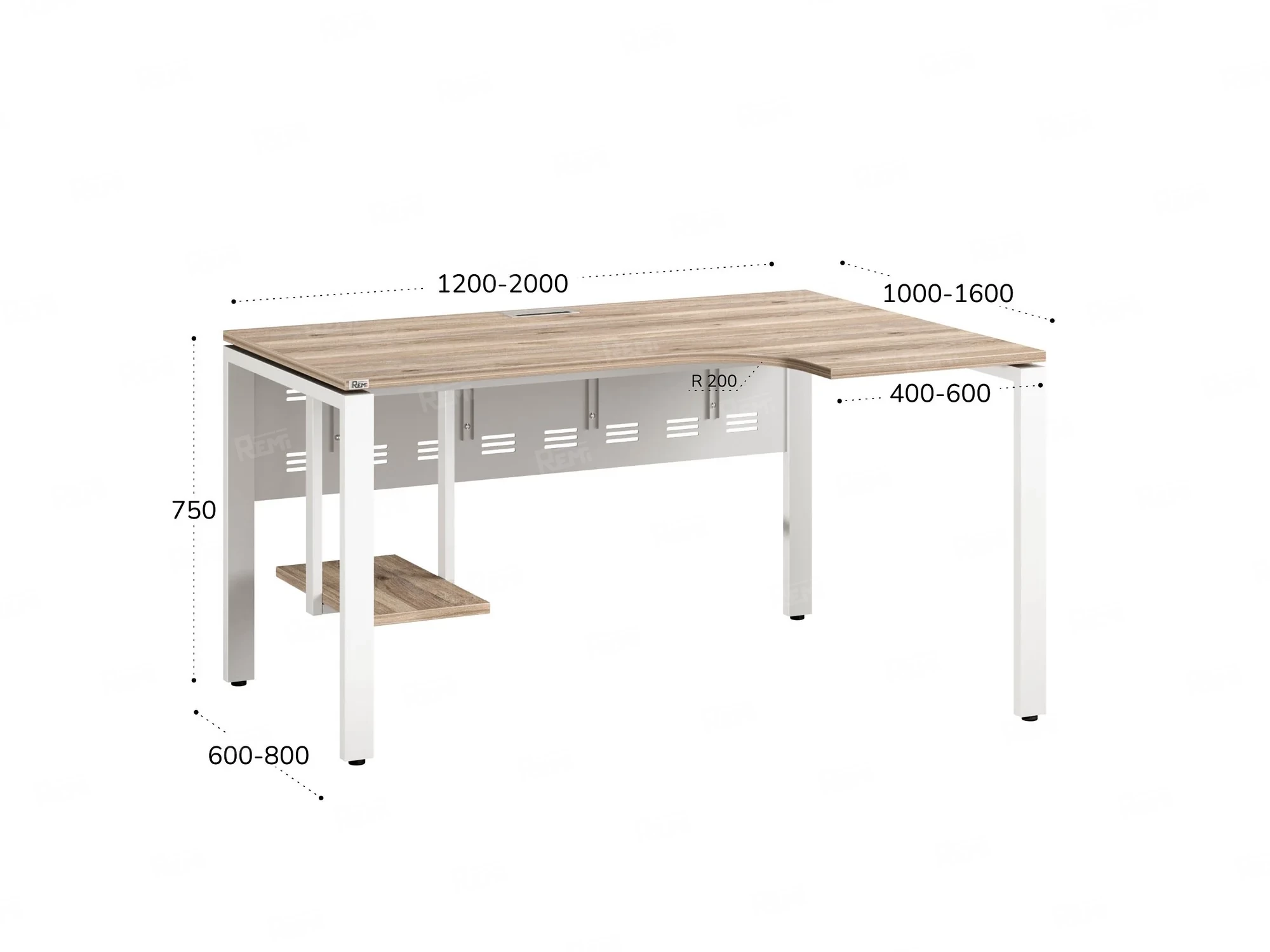 Стол угловой, экран металл, П-опора, правый 1600x800/1000x750, RM058-16x8-10 Дуб Маувелла/Белый