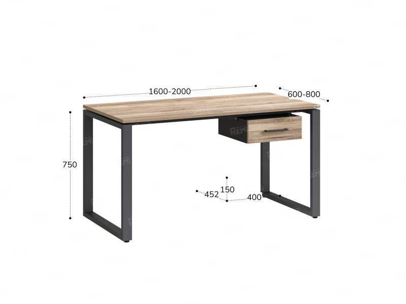Стол прямой с подвесной тумбой, О-опора 1600x700x750 RM036-16x7 Дуб Маувелла/Серый