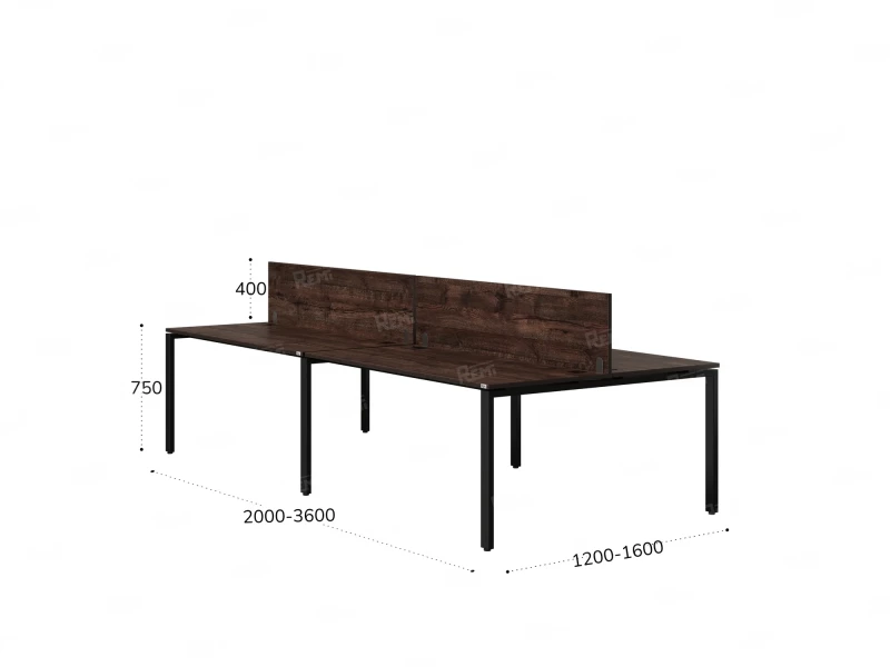 Бенч-система, 4 рабочих места, на П-образных опорах, 2 ЛДСП экранов 3600x1600x750 RM166-4-18x16 Дуб Апрельский шоколад/Черный