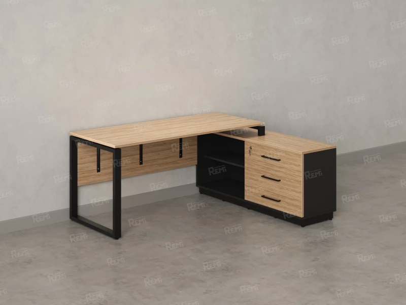 Стол прямой с тумбой R, ЛДСП экран, О-опора 1800x1400x750 RM012R-18x6 Вяз Швейцарский светлый/Черный