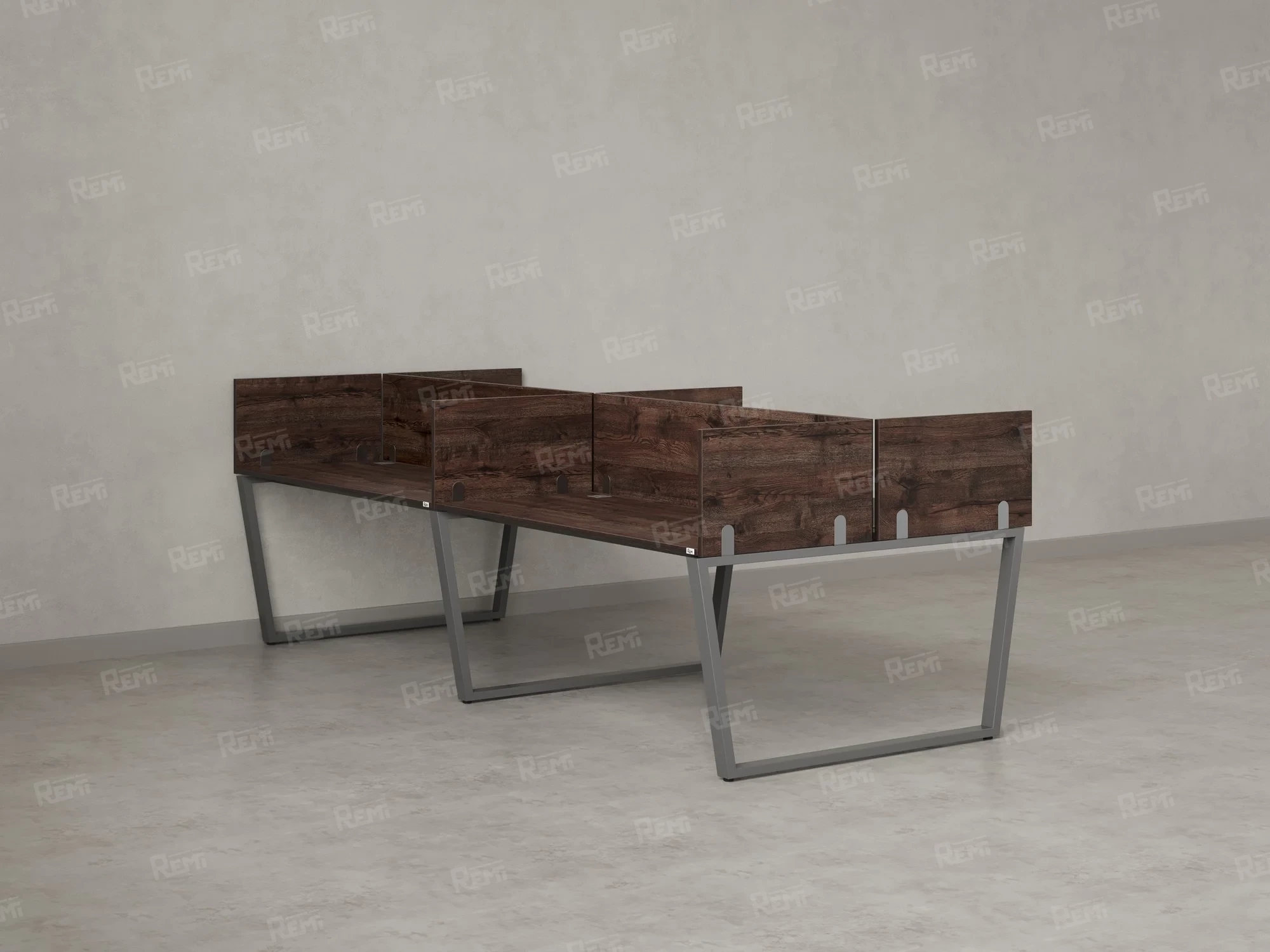 Бенч-система, 4 рабочих места, на U-образных опорах, 8 ЛДСП экранов 2400x1400x750 RM173-2-12x14 Дуб Апрельский шоколад/Серый