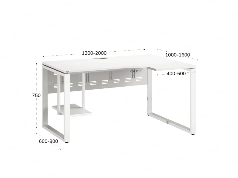 Стол угловой, экран металл, О-опора, правый 1600x600/900x750, RM057-16x6-9 Белый/Белый