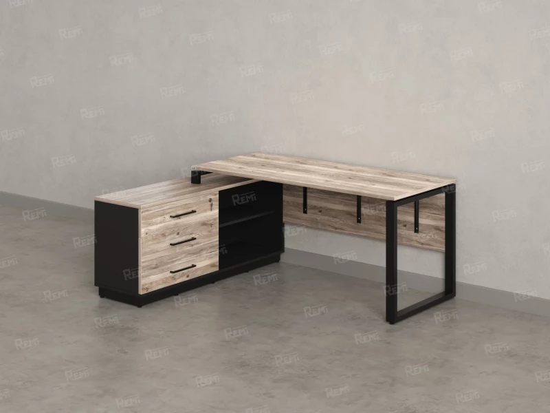 Стол прямой с тумбой L, ЛДСП экран, О-опора 1800x1400x750 RM013L-18x7 Дуб Маувелла/Черный