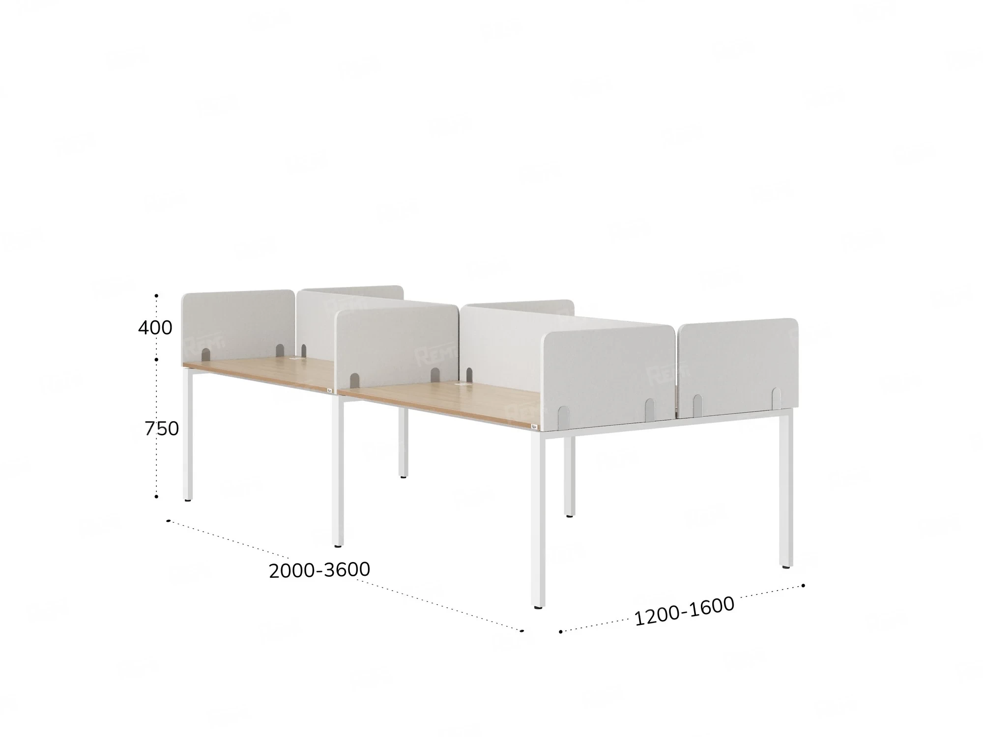 Бенч-система, 4 рабочих места, на П-образных опорах, 8 тканевых экранов 3200x1600x750 RM166-1-16x16 Вяз Швейцарский светлый/Белый