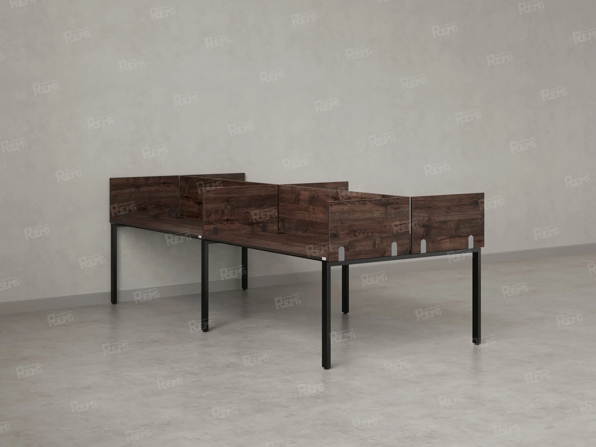 Бенч-система, 4 рабочих места, на П-образных опорах, 8 ЛДСП экранов 3200x1200x750 RM166-2-16x12 Дуб Апрельский шоколад/Черный