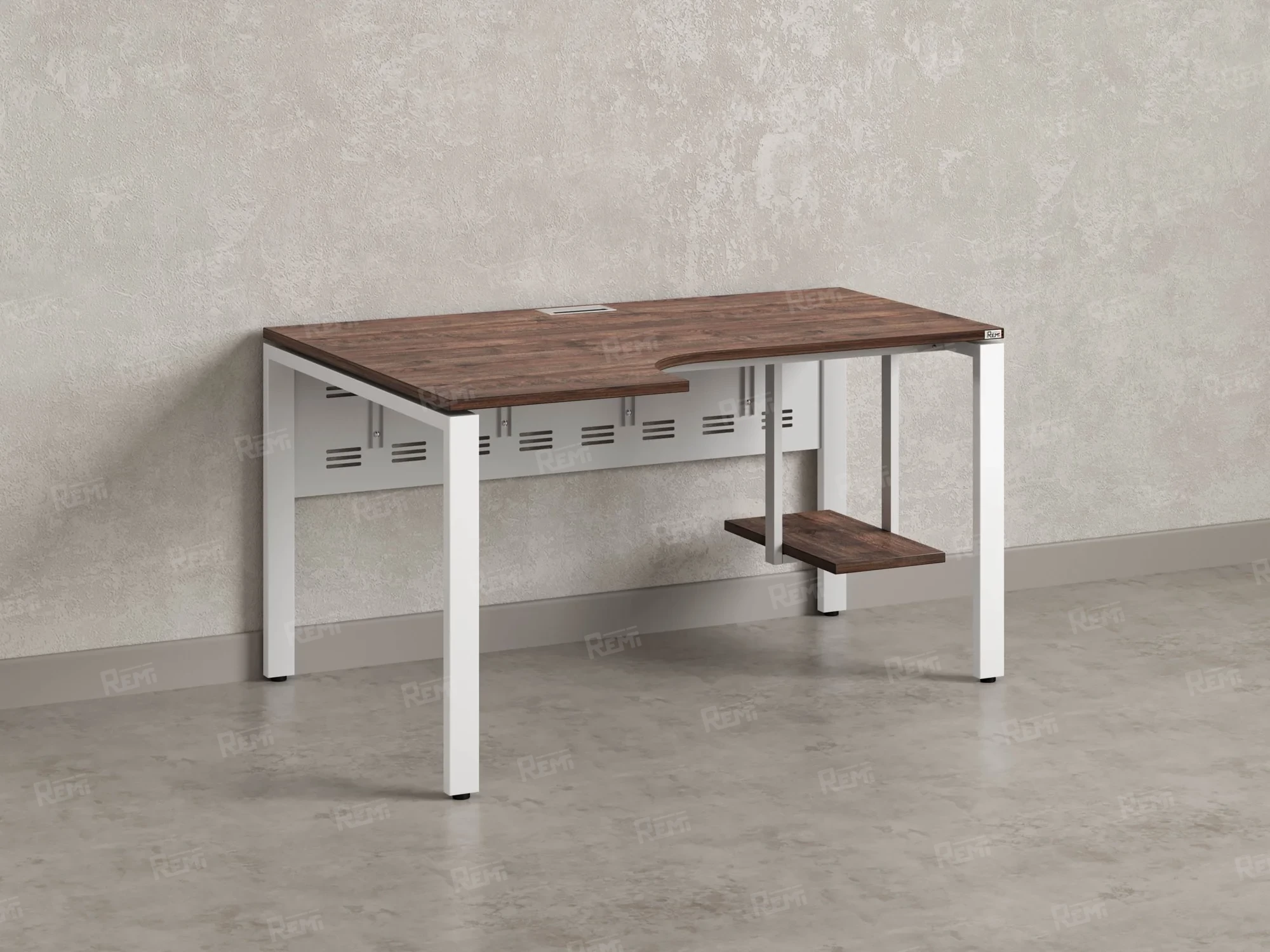 Стол угловой, экран металл, П-опора, левый 1600x700/900x750, RM059-16x7-9 Дуб Апрельский шоколад/Белый