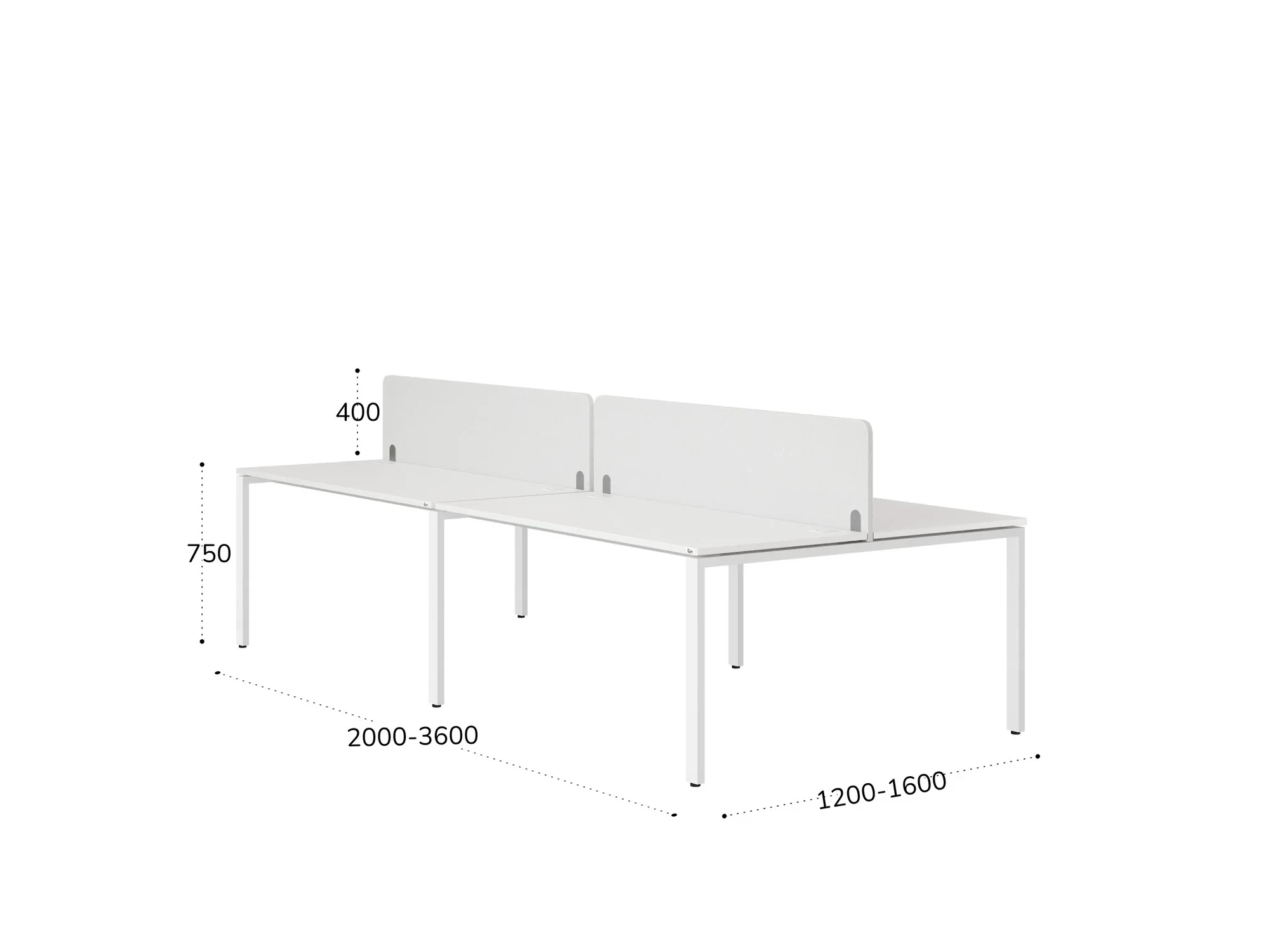 Бенч-система, 4 рабочих места, на П-образных опорах, 2 тканевых экранов 2400x1200x750 RM166-3-12x12 Белый/Белый