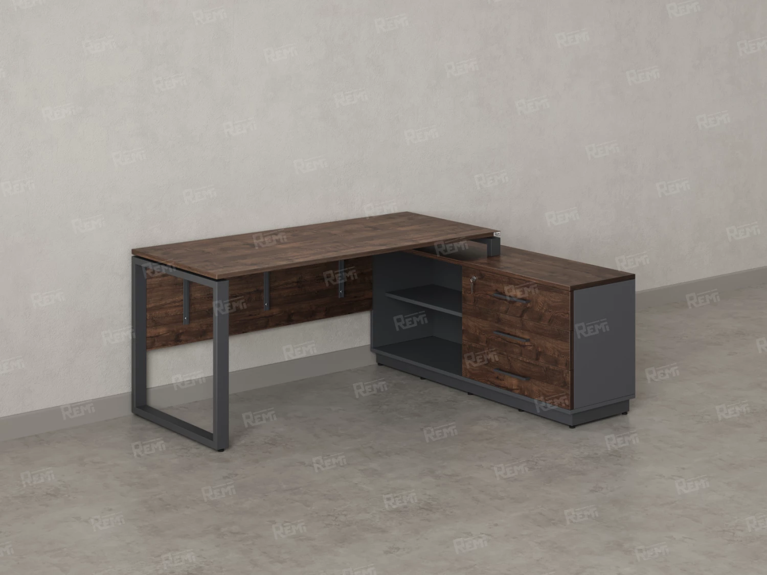 Стол прямой с тумбой R, ЛДСП экран, О-опора 1800x1400x750 RM012R-18x6 Дуб Апрельский шоколад/Серый