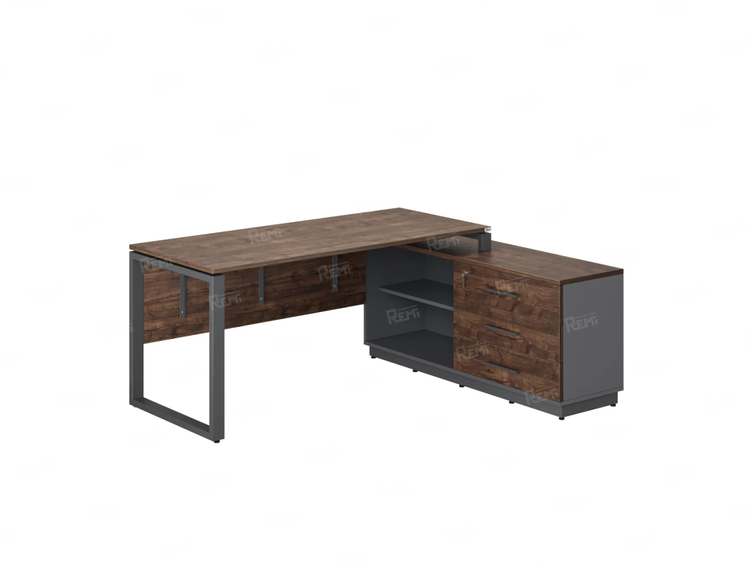 Стол прямой с тумбой R, ЛДСП экран, О-опора 1800x1400x750 RM012R-18x6 Дуб Апрельский шоколад/Серый