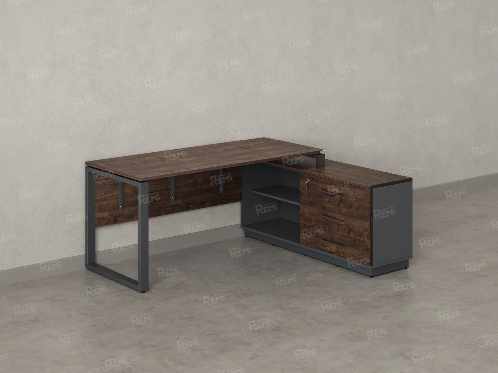 Стол прямой с тумбой R, ЛДСП экран, О-опора 1800x1400x750 RM012R-18x6 Дуб Апрельский шоколад/Серый