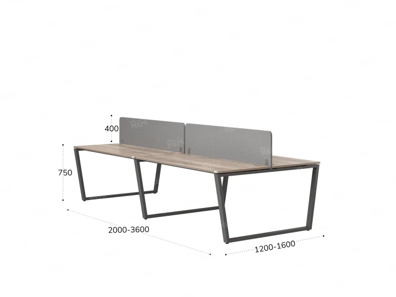 Бенч-система, 4 рабочих места, на U-образных опорах, 2 тканевых экранов 3200x1200x750 RM173-3-16x12 Дуб Маувелла/Серый