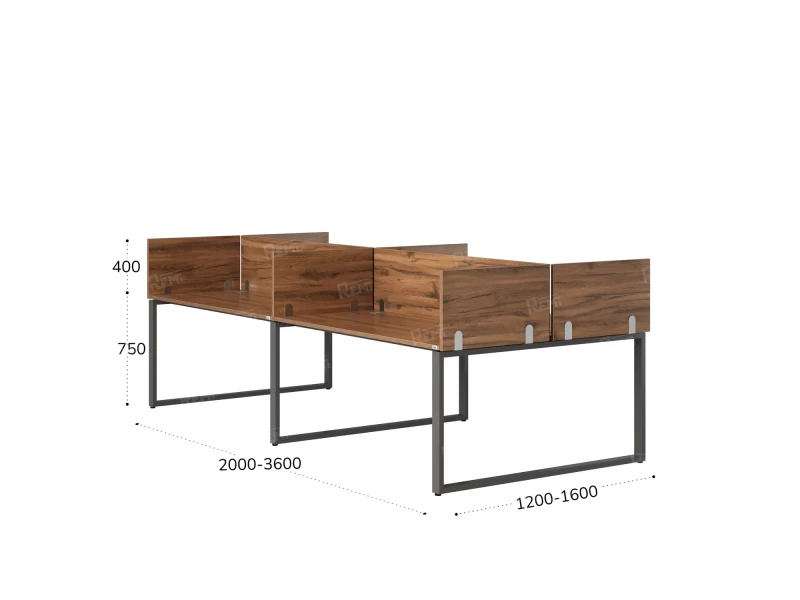 Бенч-система, 4 рабочих места, на О-образных опорах, 8 ЛДСП экранов 2800x1400x750 RM170-1-14x14 Дуб Юстус/Серый