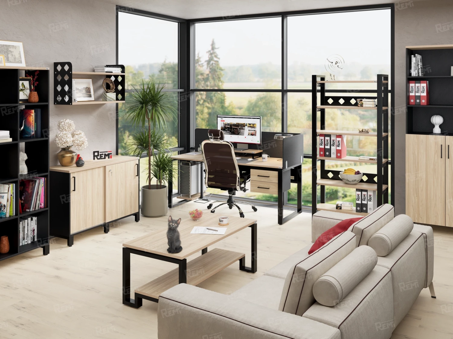 Бенч-система в 1 ряд, 2 рабочих места 5 тканевых экранов 2700x600x750 RM167-1-27x6 Вяз Швейцарский светлый/Черный