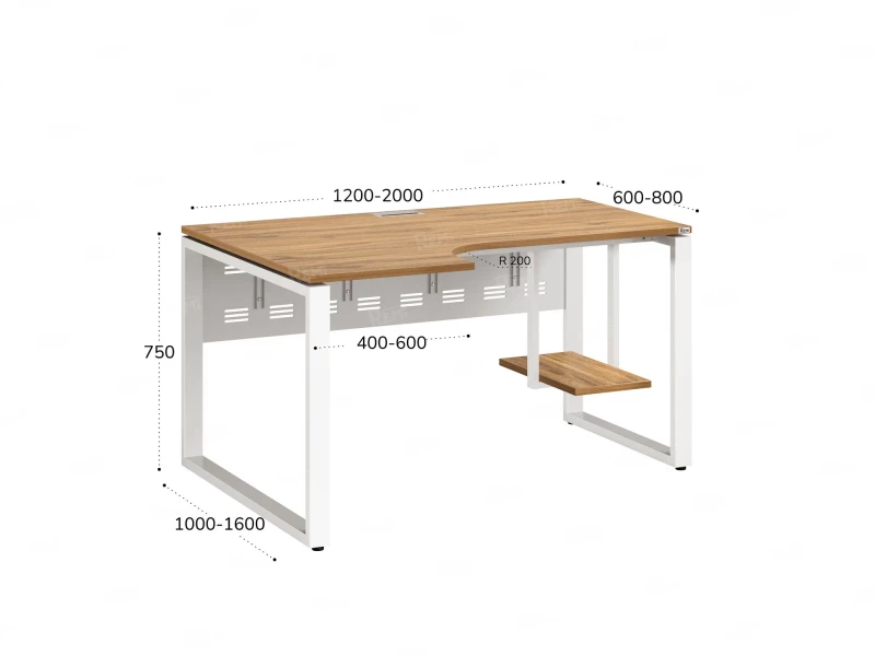 Стол угловой, экран металл, О-опора, левый 1400x800/1000x750, RM056-14x8-10 Дуб Юстус/Белый