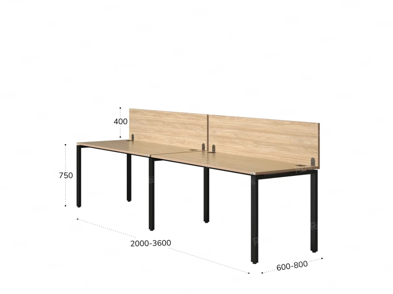 Бенч-система в 1 ряд, 2 рабочих места 2 ЛДСП экранов 2000x700x750 RM167-4-20x7 Вяз Швейцарский светлый/Черный