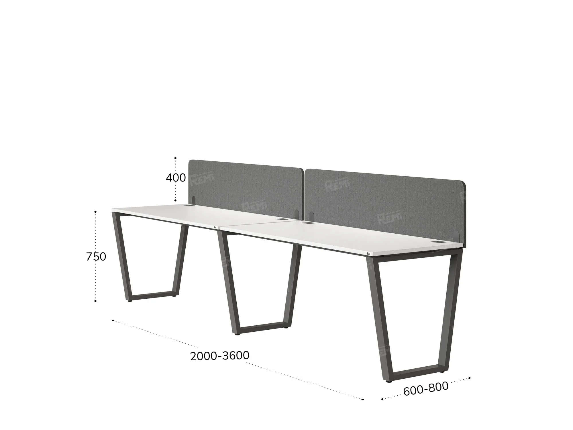 Бенч-система в 1 ряд, 2 рабочих места 2 тканевых экранов 2400x600x750 RM174-3-24x6 Белый/Серый