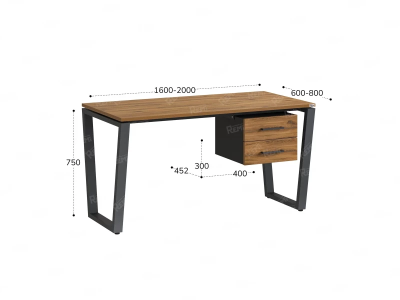 Стол прямой с подвесной тумбой 2 ящика, U-опора 2000x800x750 RM035-20x8 Дуб Юстус/Серый