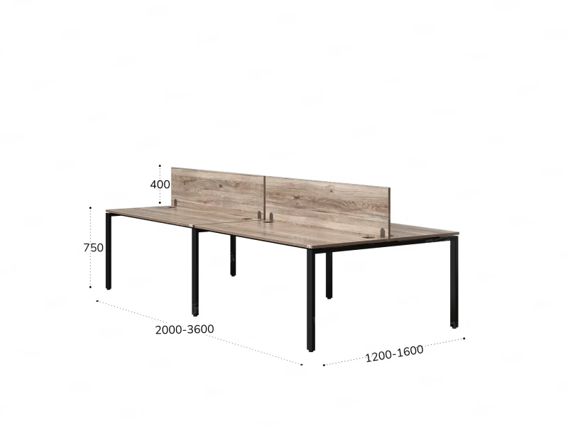 Бенч-система, 4 рабочих места, на П-образных опорах, 2 ЛДСП экранов 3600x1600x750 RM166-4-18x16 Дуб Маувелла/Черный