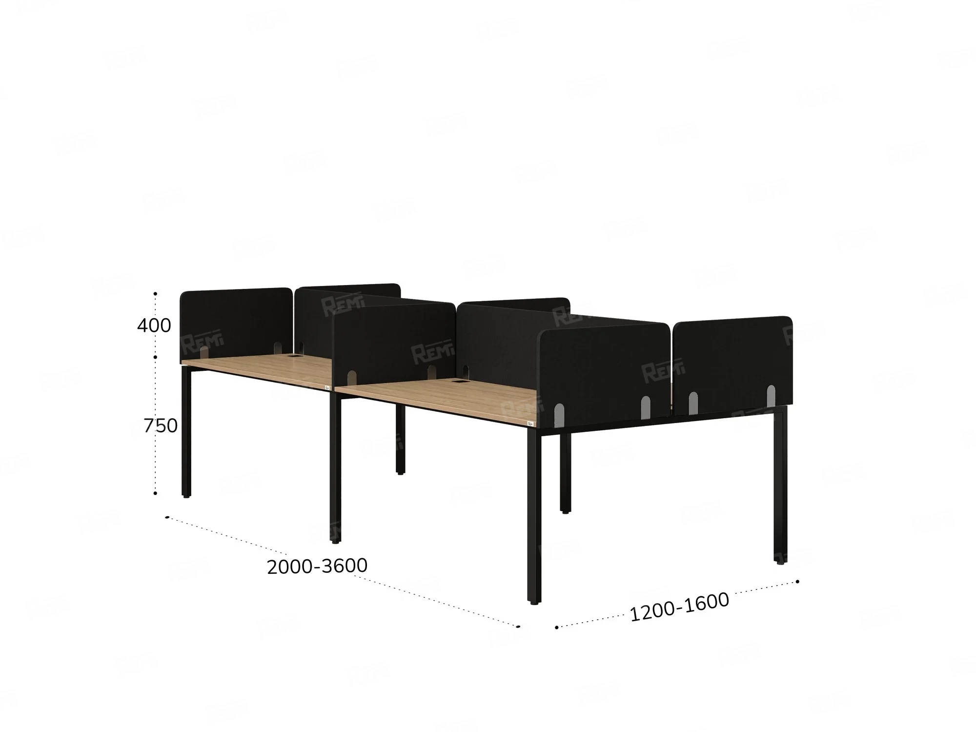 Бенч-система, 4 рабочих места, на П-образных опорах, 8 тканевых экранов 3200x1600x750 RM166-1-16x16 Вяз Швейцарский светлый/Черный