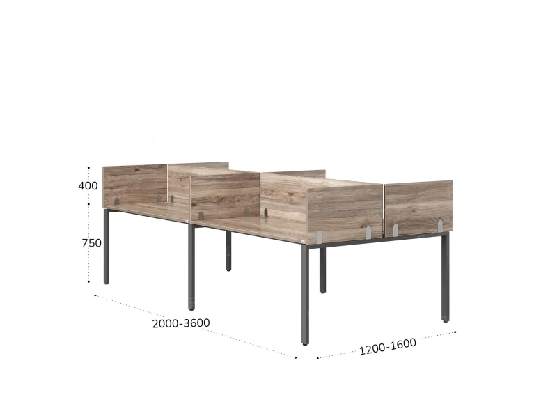 Бенч-система, 4 рабочих места, на П-образных опорах, 8 ЛДСП экранов 3200x1200x750 RM166-2-16x12 Дуб Маувелла/Серый