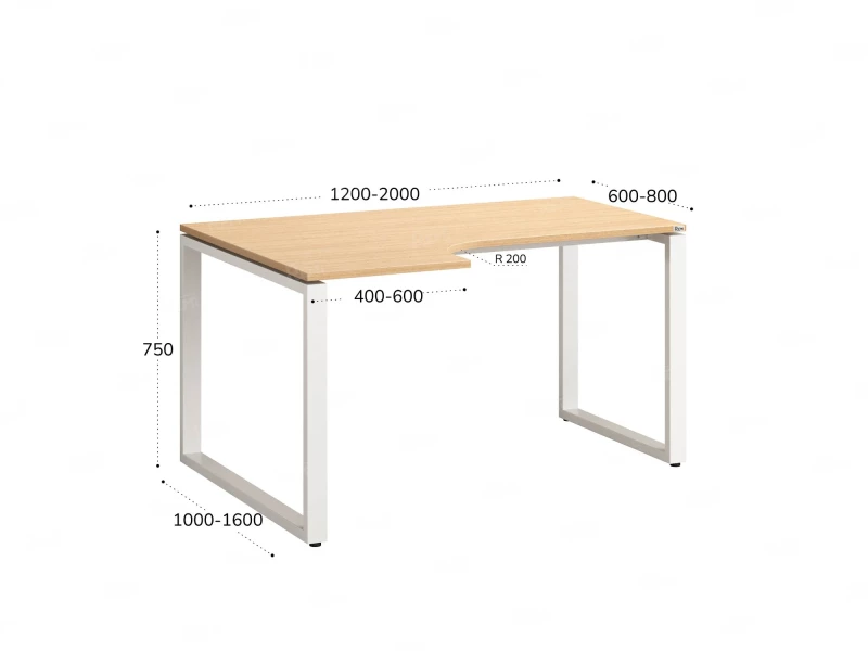 Стол угловой, О-опора, левый 1600x600/900x750, RM055-16x6-9 Вяз Швейцарский светлый/Белый