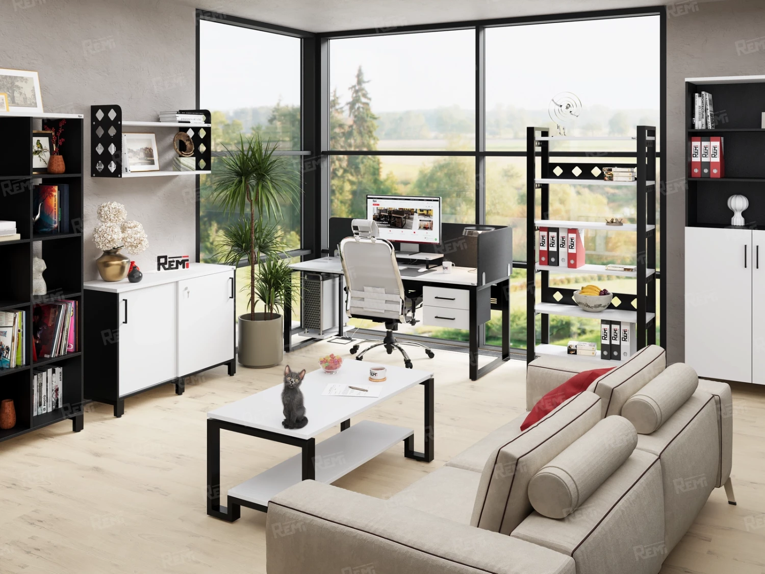 Бенч-система в 1 ряд, 2 рабочих места 2 ЛДСП экранов 2700x800x750 RM168-4-27x8 Белый/Черный