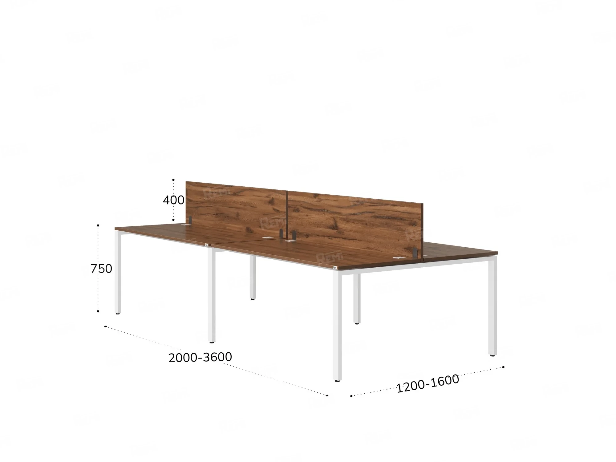 Бенч-система, 4 рабочих места, на П-образных опорах, 2 ЛДСП экранов 3600x1600x750 RM166-4-18x16 Дуб Юстус/Белый